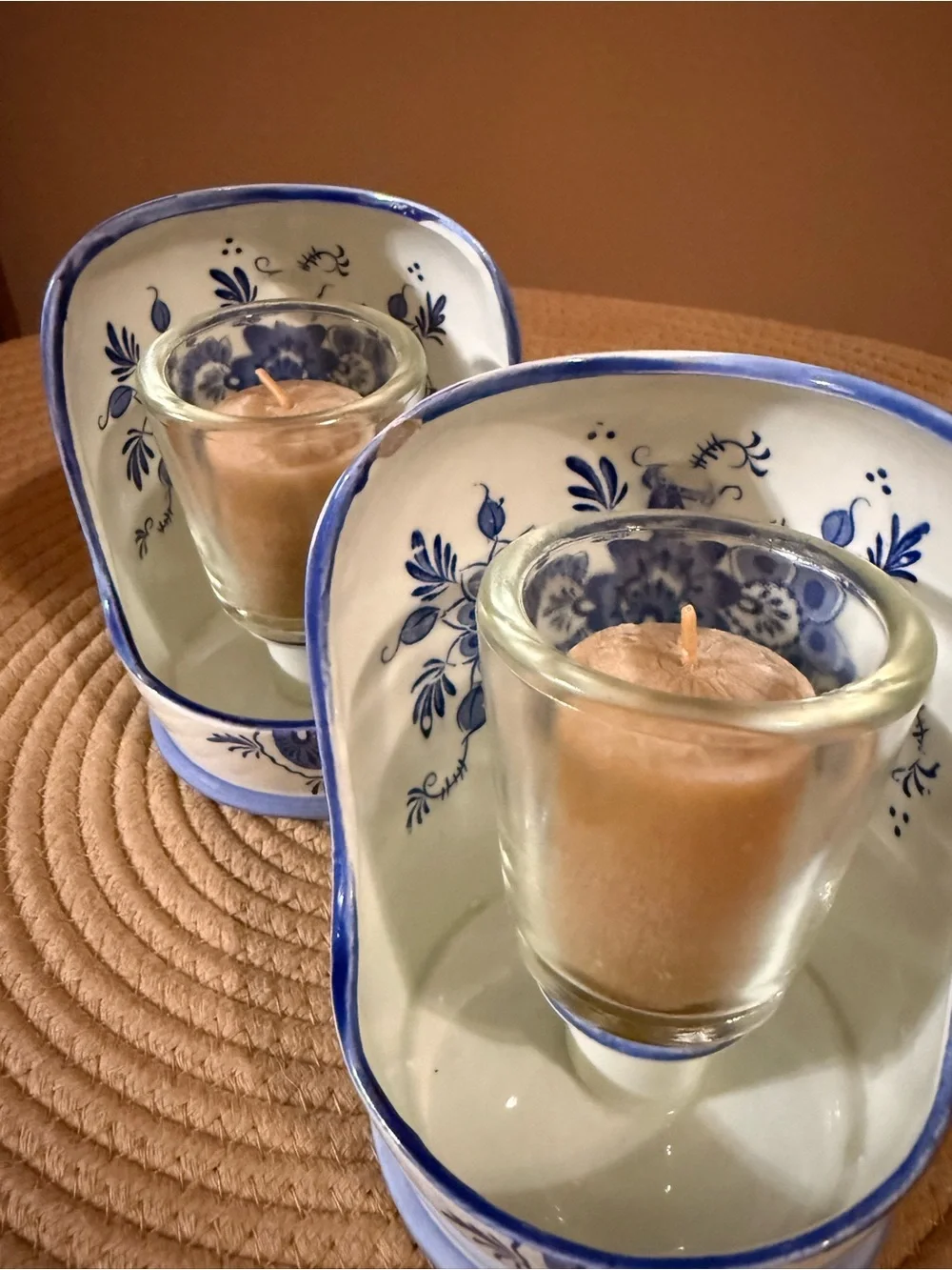 Blue & White Ceramic Votive Candle Holders with Floral Motif - Pair